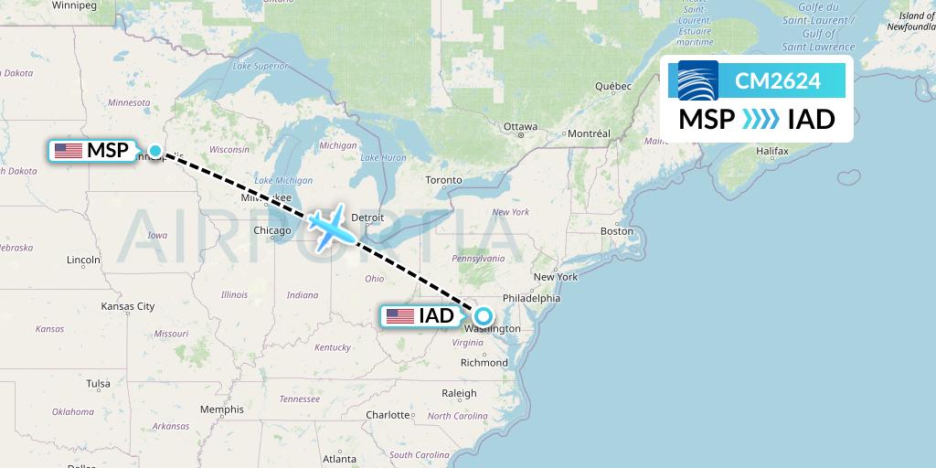 CM2624 Copa Airlines Flight Map: Minneapolis to Washington