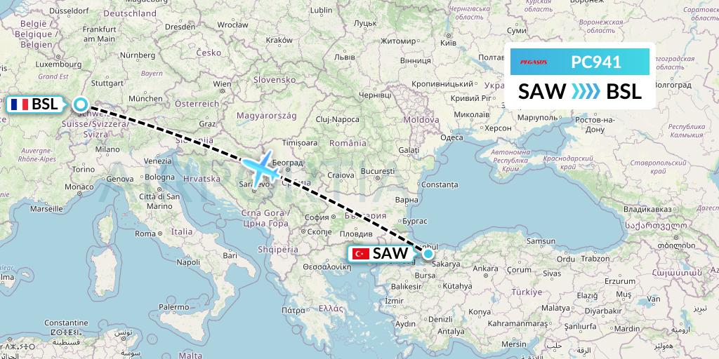 PC941 Pegasus Airlines Flight Map: Istanbul to Basel