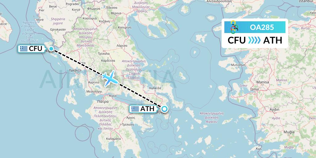 OA285 Olympic Air Flight Map: Corfu to Athens