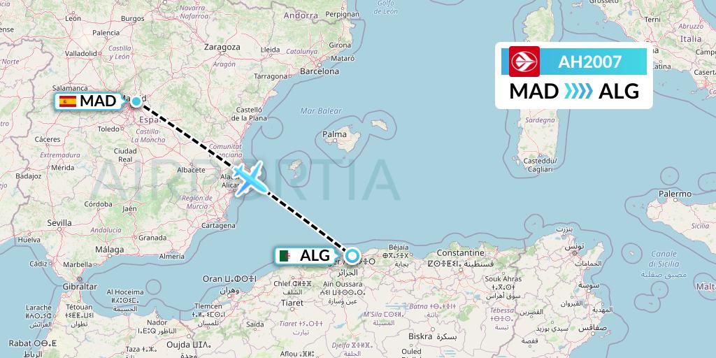 AH2007 Air Algerie Flight Map: Madrid to Algiers
