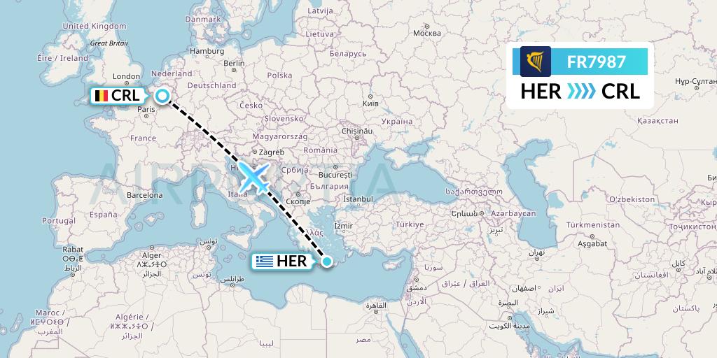 FR7987 Ryanair Flight Map: Heraklion to Brussels