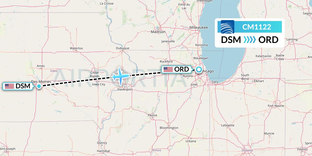 CM1122 Copa Airlines Flight Map: Des Moines to Chicago