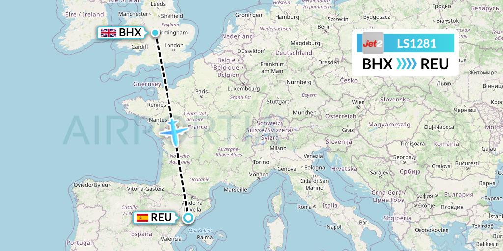 LS1281 Jet2 Flight Map: Birmingham to Reus