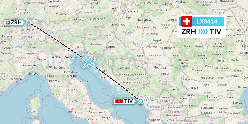 LX8414 Swiss Flight Map: Zurich to Tivat