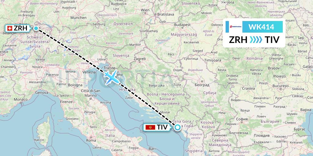 WK414 Edelweiss Air Flight Map: Zurich to Tivat
