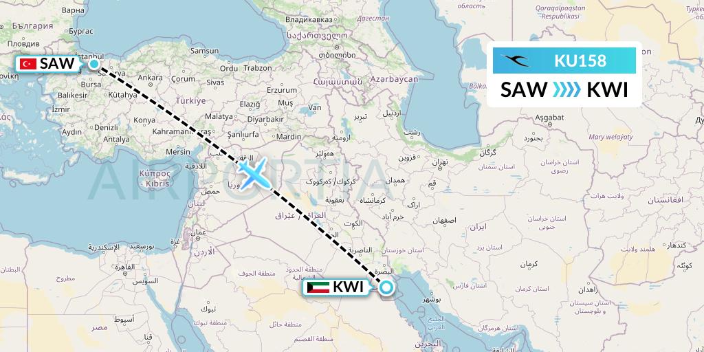 KU158 Kuwait Airways Flight Map: Istanbul to Kuwait City