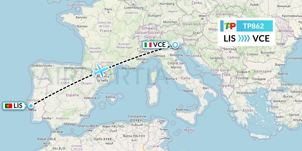 TP862 TAP Portugal Flight Map: Lisbon to Venice