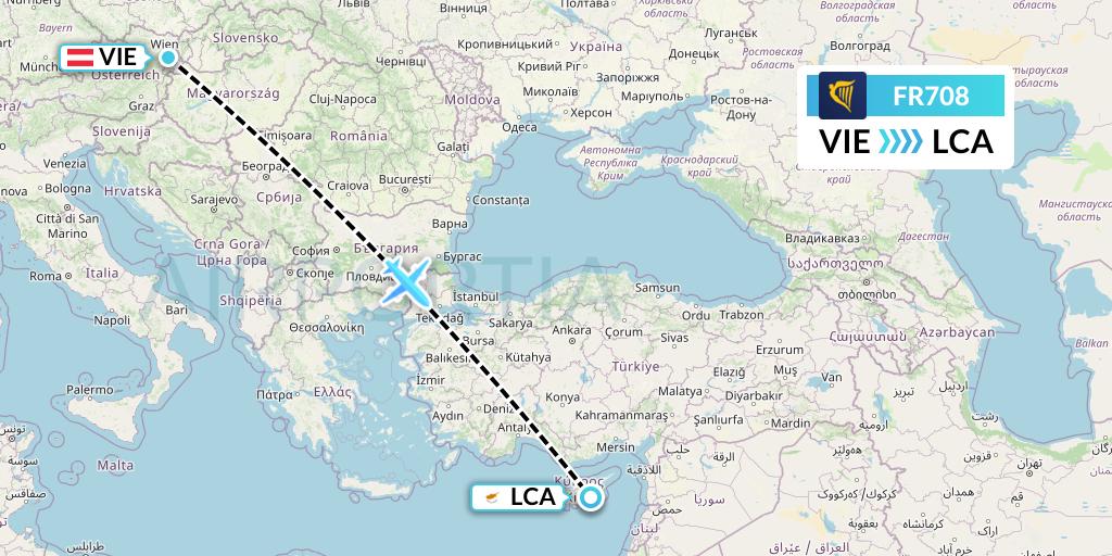 FR708 Ryanair Flight Map: Vienna to Larnaca