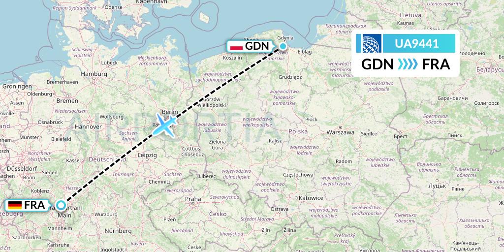 UA9441 United Airlines Flight Map: Gdansk to Frankfurt