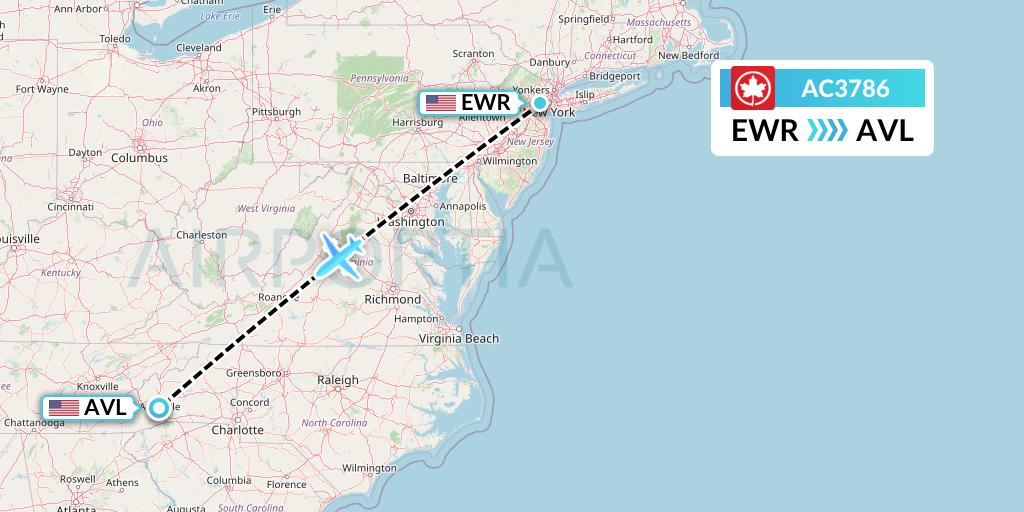 AC3786 Air Canada Flight Map: New York to Asheville