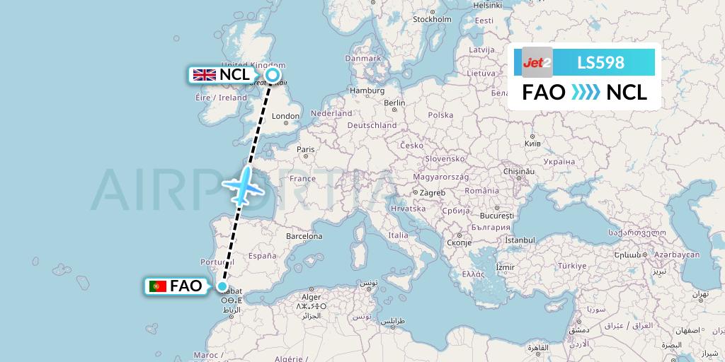 LS598 Jet2 Flight Map: Faro to Newcastle