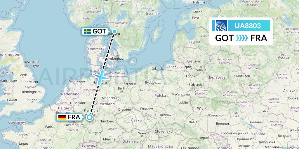 UA8803 United Airlines Flight Map: Gothenburg to Frankfurt