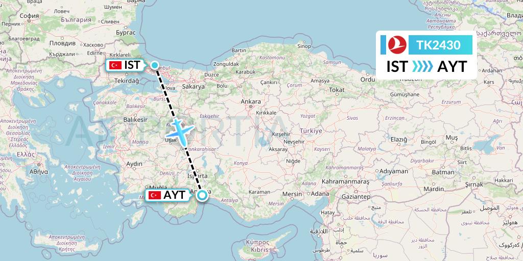 TK2430 Turkish Airlines Flight Map: Istanbul to Antalya