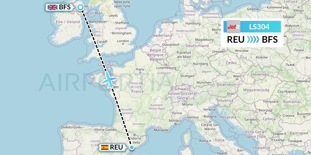 LS304 Jet2 Flight Map: Reus to Belfast