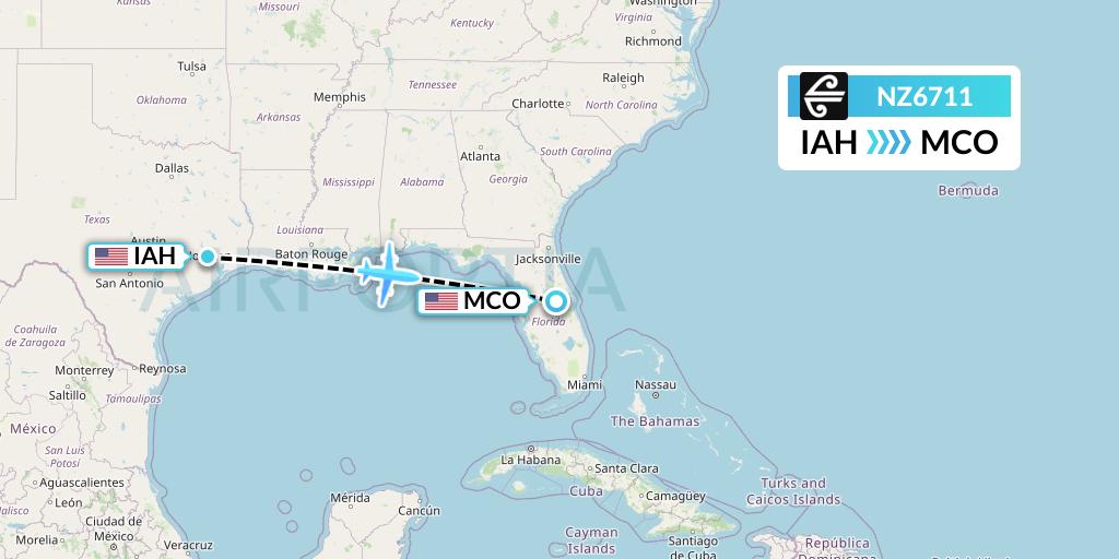 NZ6711 Air New Zealand Flight Map: Houston to Orlando
