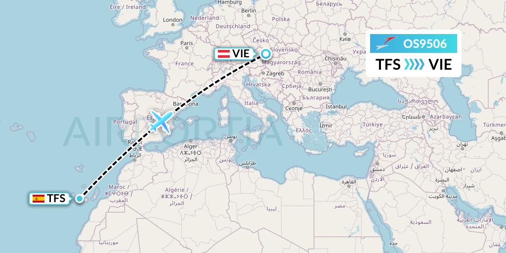 OS9506 Austrian Airlines Flight Map: Tenerife to Vienna