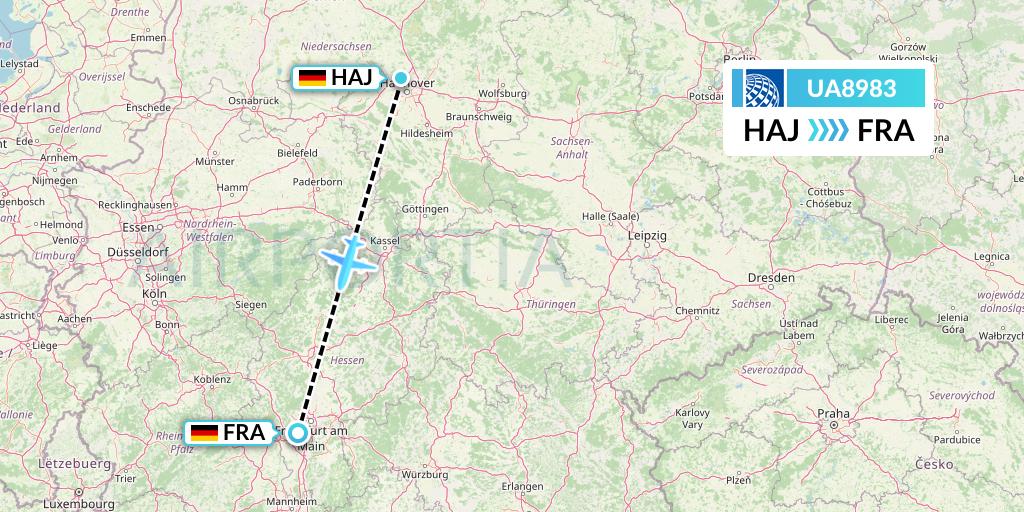 UA8983 United Airlines Flight Map: Hannover to Frankfurt