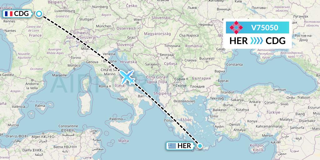V75050 Volotea Flight Map: Heraklion to Paris