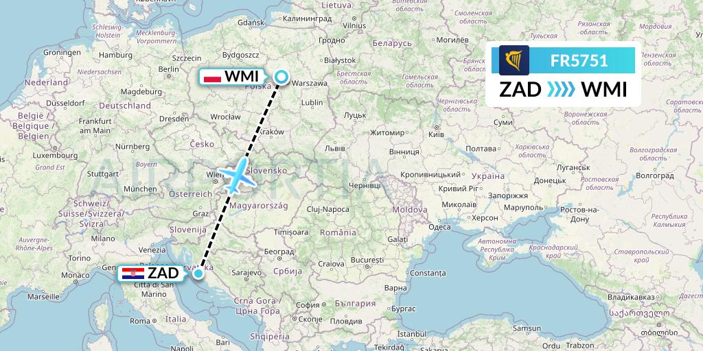 FR5751 Ryanair Flight Map: Zadar to Warsaw