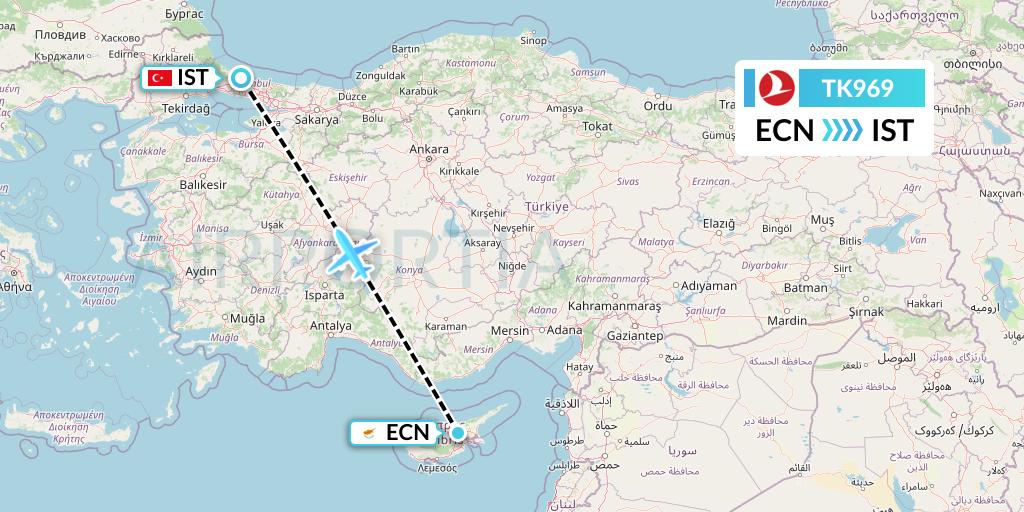 TK969 Turkish Airlines Flight Map: Tymvou to Istanbul