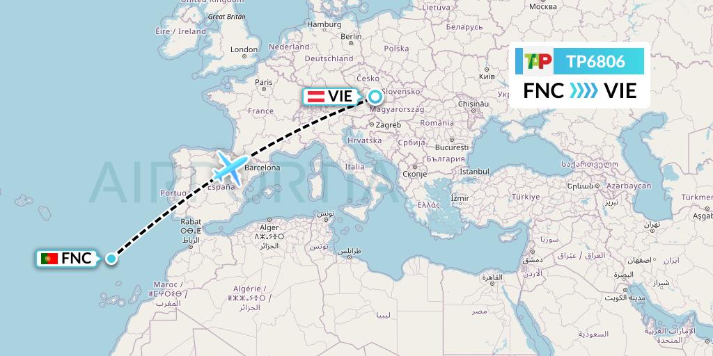 TP6806 TAP Portugal Flight Map: Funchal to Vienna