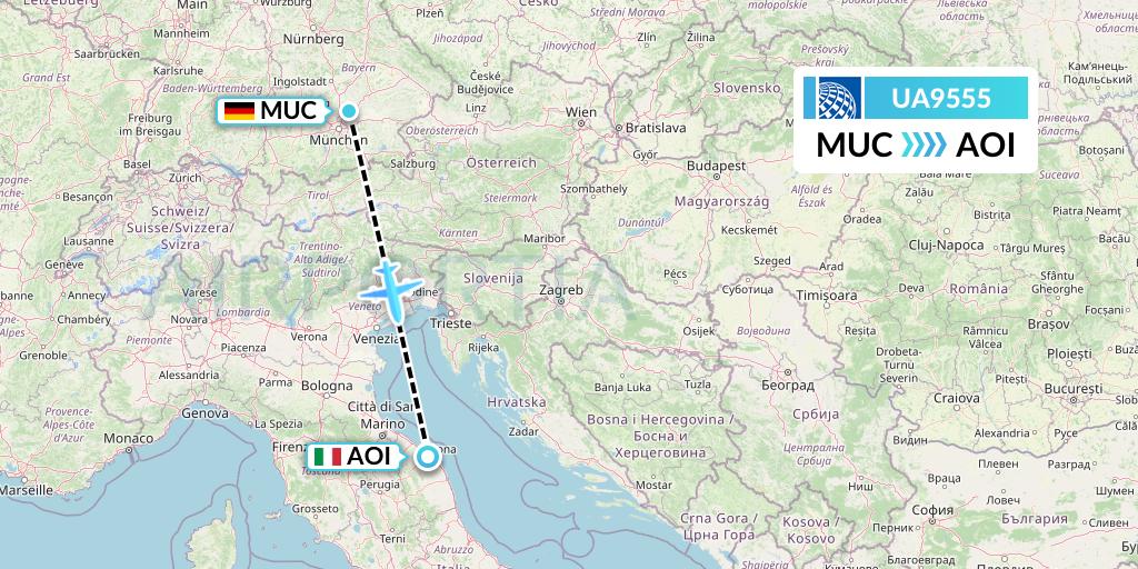 UA9555 United Airlines Flight Map: Munich to Ancona