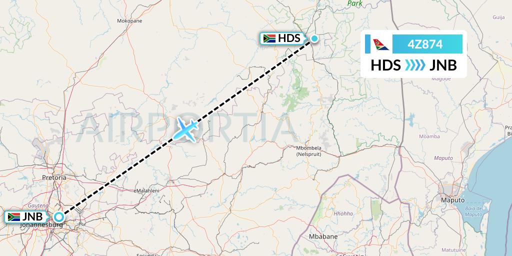 4Z874 Airlink Flight Map: Hoedspruit to Johannesburg