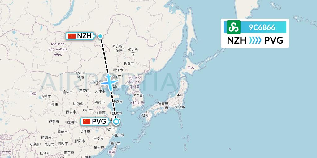 9C6866 Spring Airlines Flight Map: Manzhouli to Shanghai