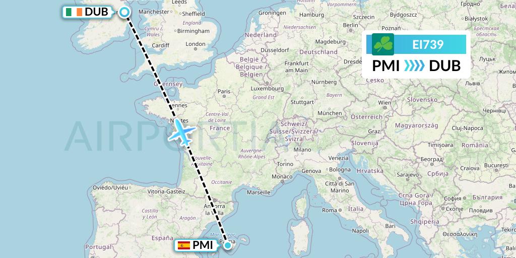 EI739 Aer Lingus Flight Map: Palma de Mallorca to Dublin