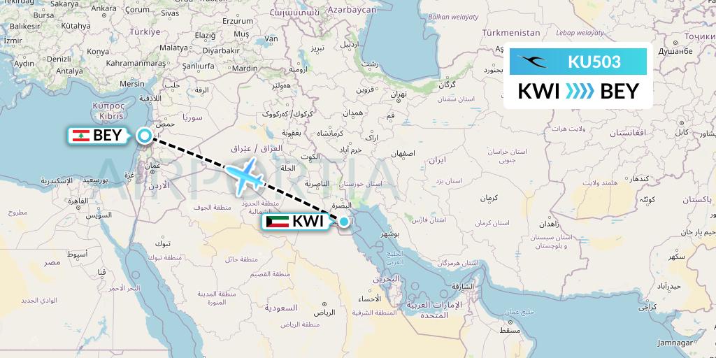 KU503 Kuwait Airways Flight Map: Kuwait City to Beirut