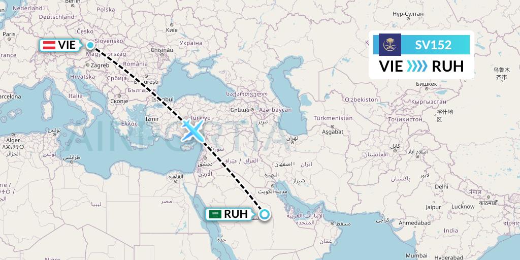 SV152 Saudi Arabian Airlines Flight Map: Vienna to Riyadh