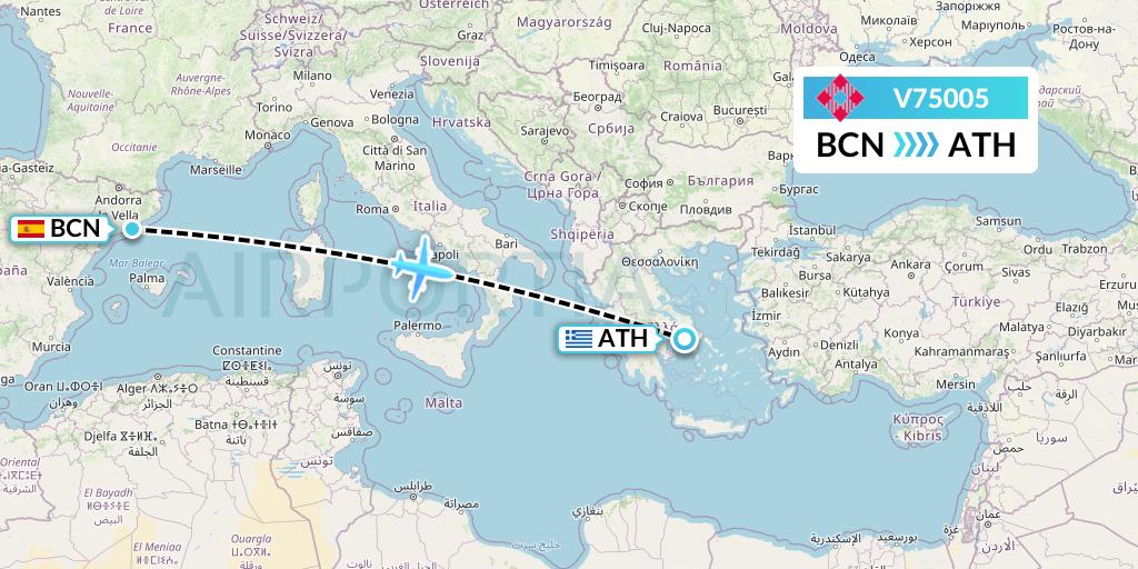 V75005 Volotea Flight Map: Barcelona to Athens