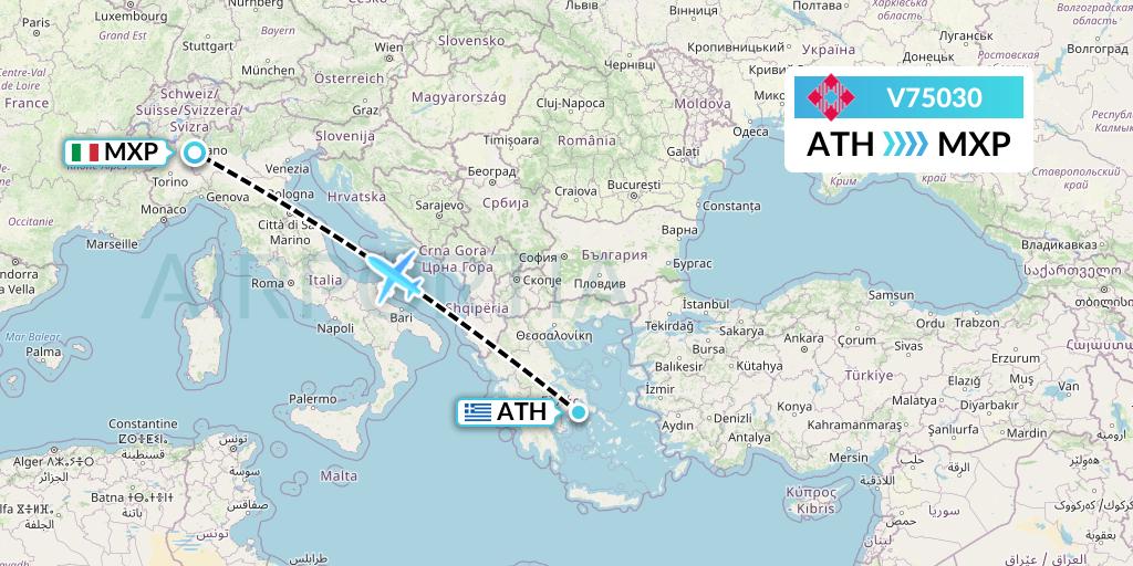 V75030 Volotea Flight Map: Athens to Milan