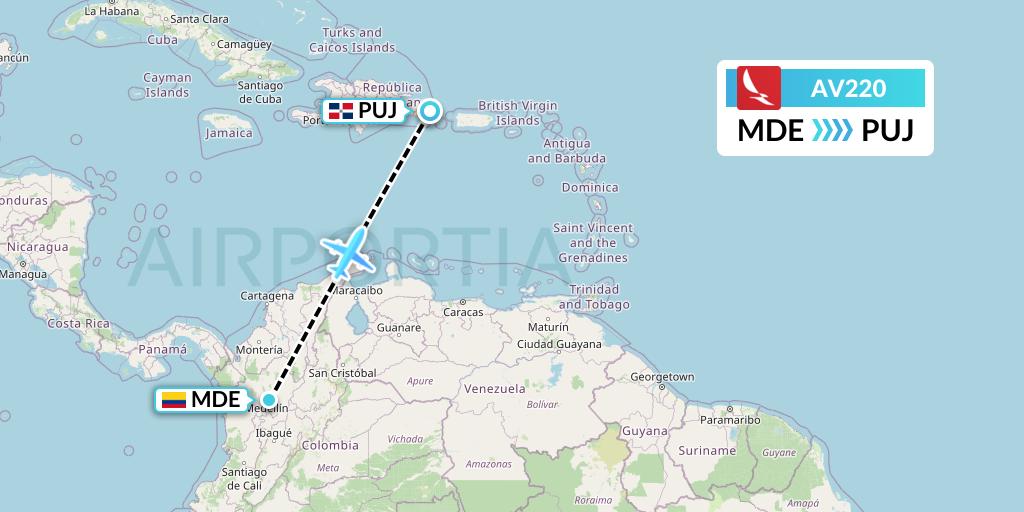AV220 Avianca Flight Map: Medellin to Punta Cana