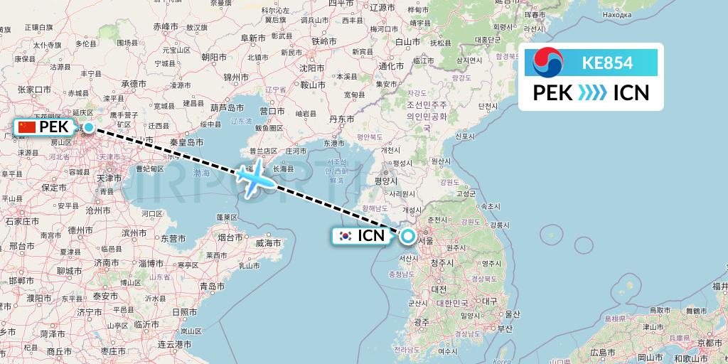 KE854 Korean Air Flight Map: Beijing to Seoul