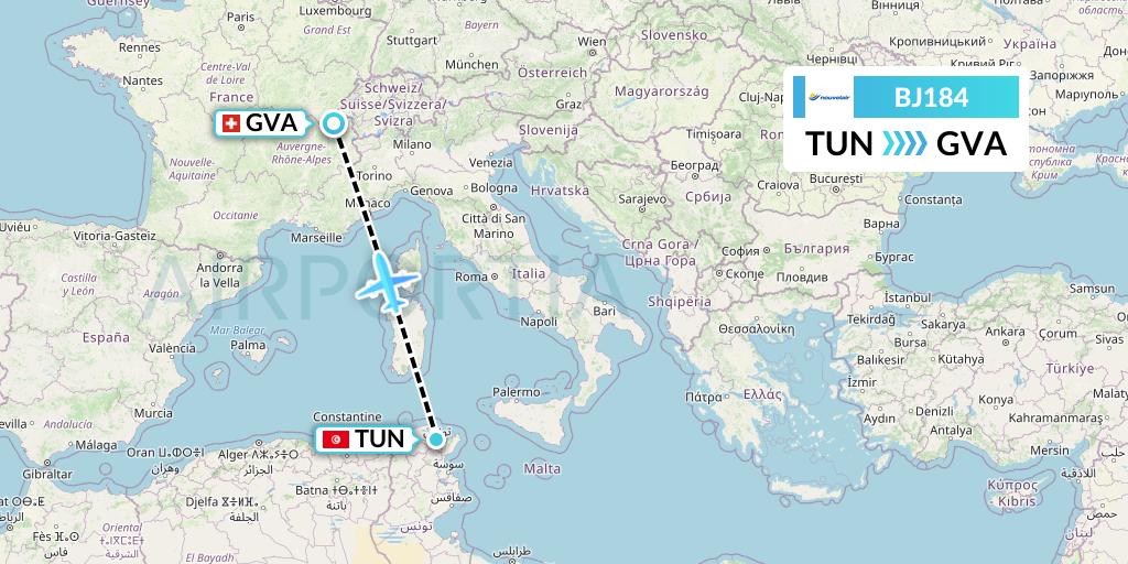 BJ184 Nouvelair Tunisie Flight Map: Tunis to Geneva