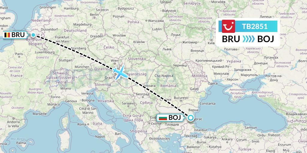 TB2851 TUI fly Belgium Flight Map: Brussels to Burgas