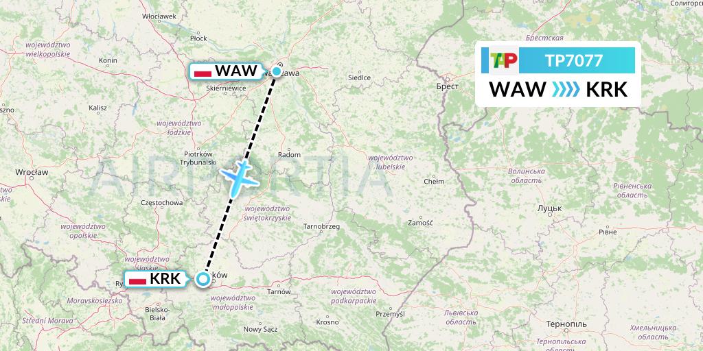 TP7077 TAP Portugal Flight Map: Warsaw to Krakow