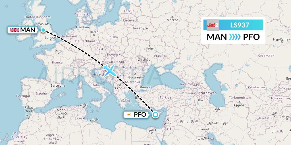 LS937 Jet2 Flight Map: Manchester to Pafos