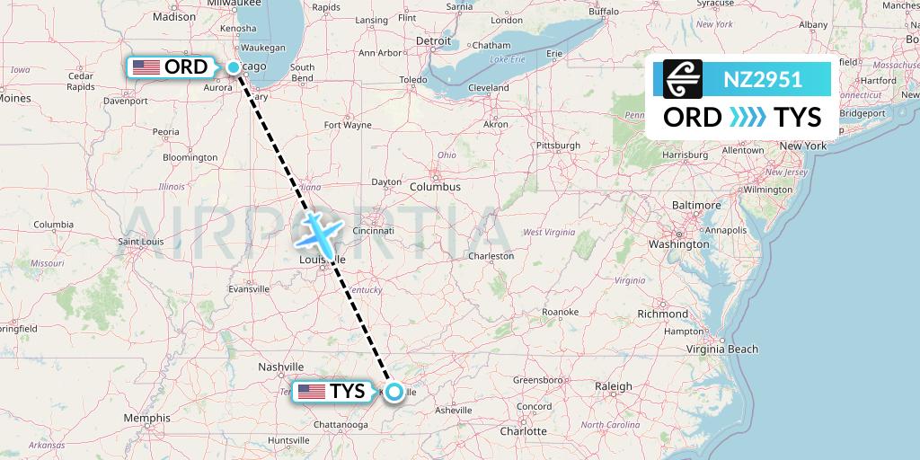 NZ2951 Air New Zealand Flight Map: Chicago to Knoxville