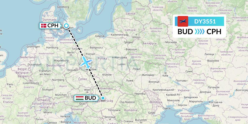 DY3551 Norwegian Flight Map: Budapest to Copenhagen