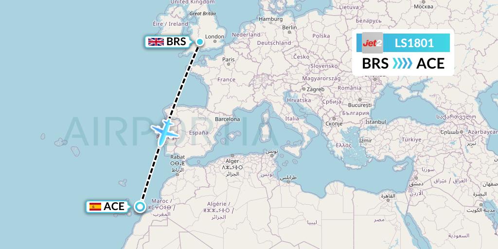 LS1801 Jet2 Flight Map: Bristol to Lanzarote