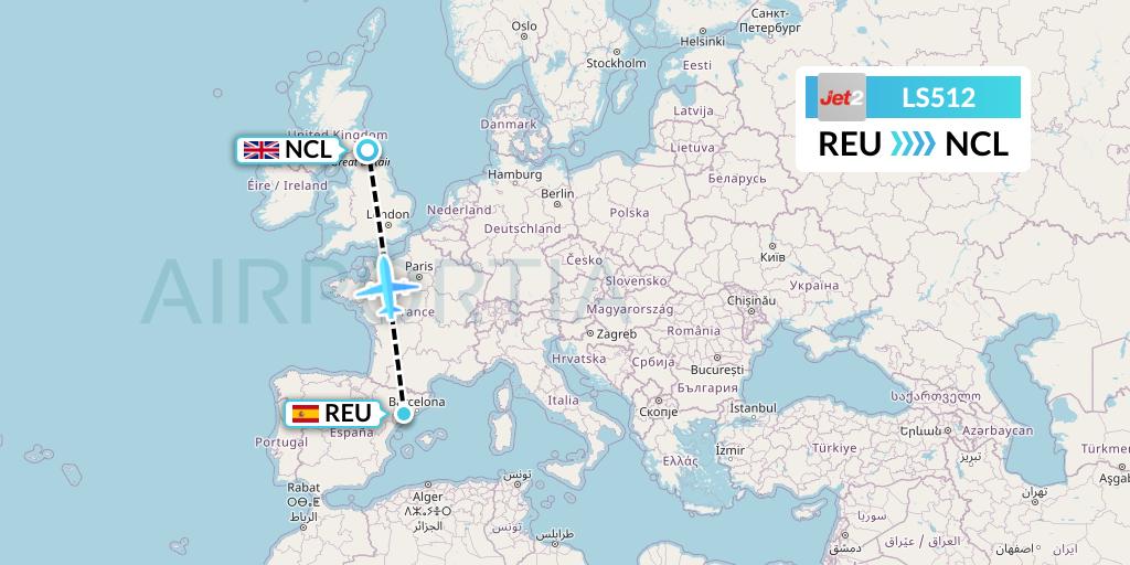 LS512 Jet2 Flight Map: Reus to Newcastle