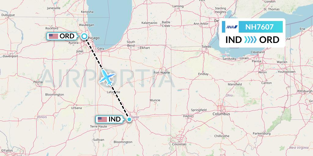 NH7607 All Nippon Airways Flight Map: Indianapolis to Chicago