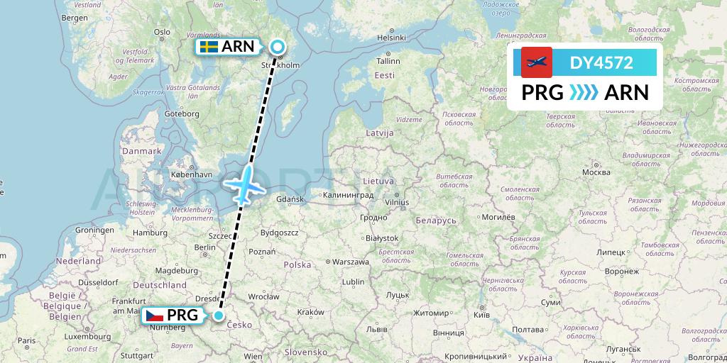 DY4572 Norwegian Flight Map: Prague to Stockholm