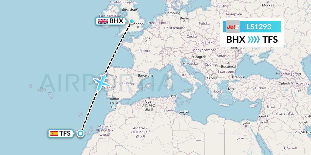 LS1293 Jet2 Flight Map: Birmingham to Tenerife