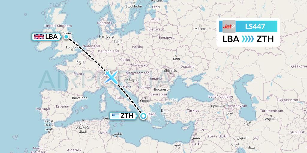LS447 Jet2 Flight Map: Leeds to Zakynthos