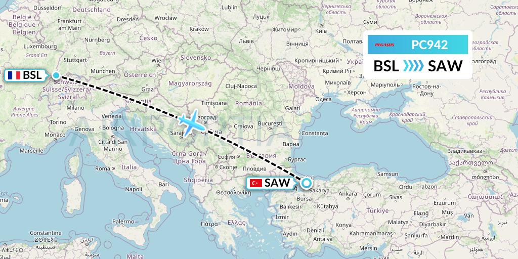 PC942 Pegasus Airlines Flight Map: Basel to Istanbul