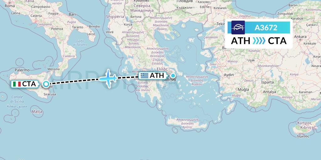 A3672 Aegean Airlines Flight Map: Athens to Catania
