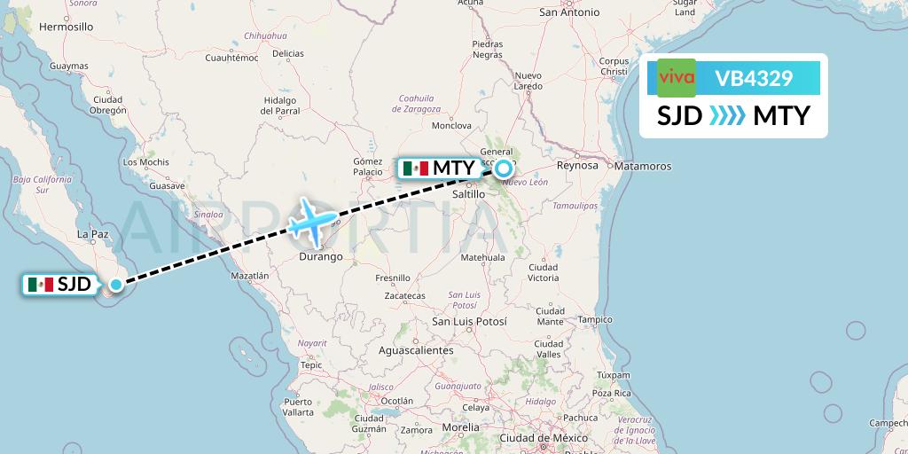 VB4329 VivaAerobus Flight Map: San Jose del Cabo to Monterrey